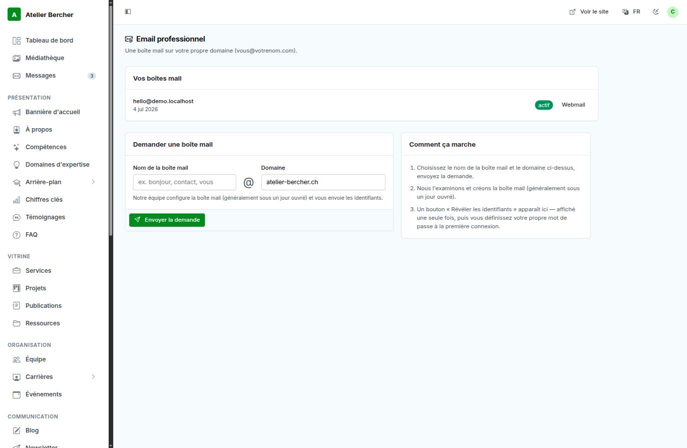 L'écran E-mail professionnel : vos boîtes mail, le formulaire de demande et les trois étapes expliquées.